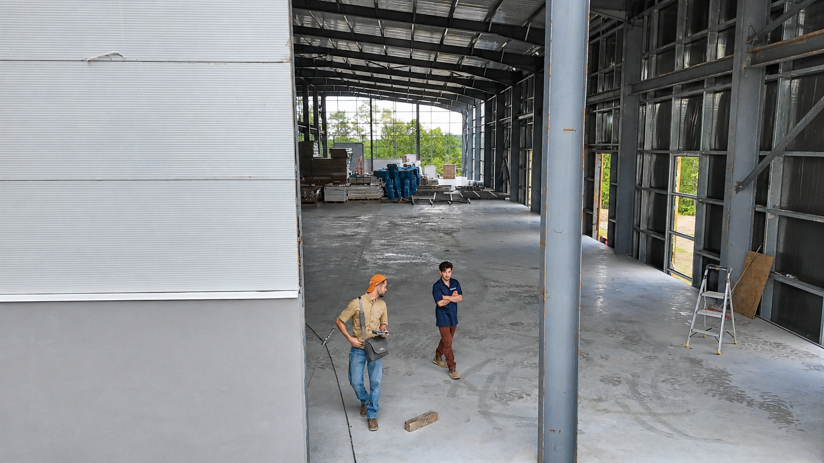 MassDwell team reviewing plans on the factory floor