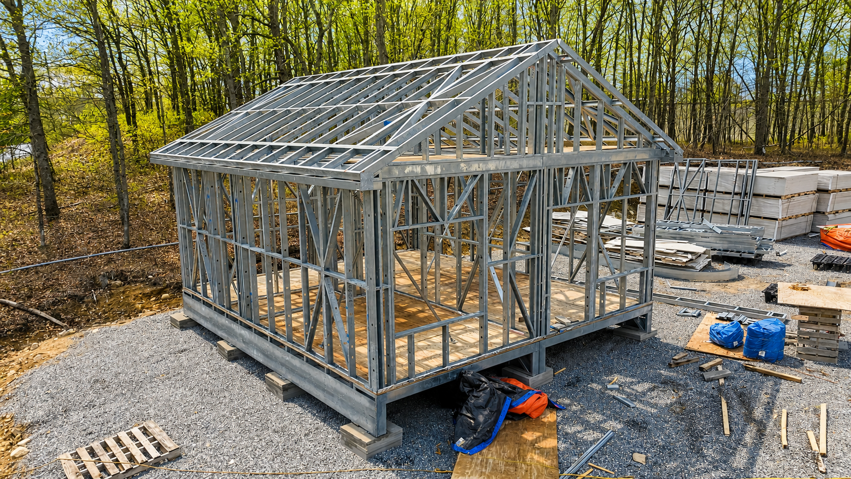 Cold-formed steel framing built indoors at the MassDwell facility
